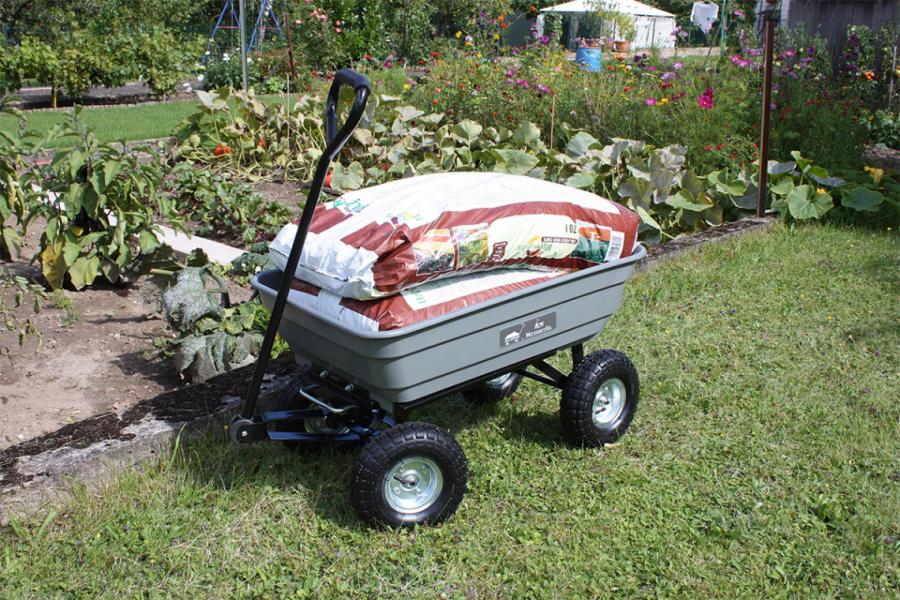 Chariot de Jardin a Main 75L - Brouette 4 roues Gonflables Ø 260 mm - Benne  Basculante - Capacite Charge Max 250 KG - Long Manche - Metal Galvanise